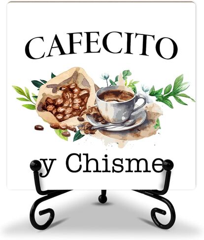 لافتة خشبية مع حامل حديد - Cafecito Y Chisme، لوحة خشبية لديكور فنجان القهوة المنزلي، هدية للنساء والرجال قطعة مركزية للطاولة لتزيين غرفة المعيشة والمكتب والمقهى - 17 in Kuwait