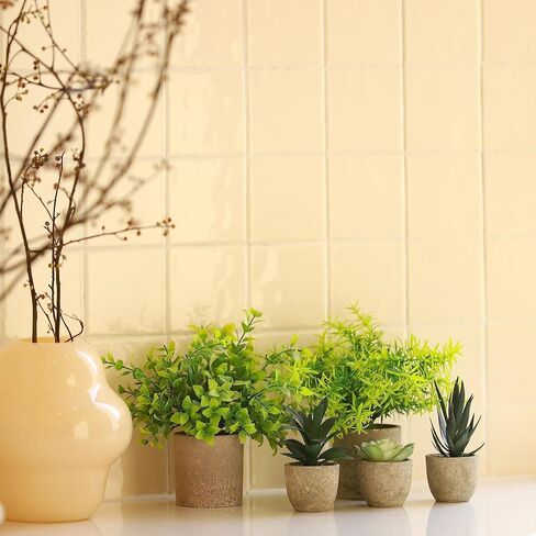 Memeaty Set of 5 Small Fake Plants Artificial Rosemary Peppermint Plants and Faux Succulents in Pot for Home Office Decoration, Artificial Plants Indoor for Table Shelf Decor in Kuwait