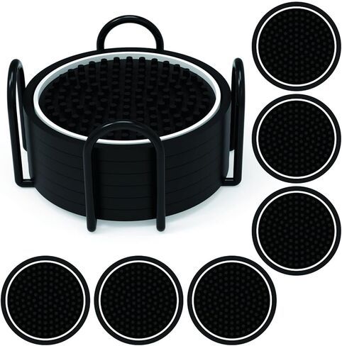 بارسيكس مجموعة قواعد اكواب المشروبات، 3.75 انش، قواعد اكواب سوداء غير قابلة للانزلاق من بلاستيك PVC مع حامل سلك معدني، تصميم متين وانيق للمطبخ والمنزل والبار وطاولة المطاعم (عبوة من 6 قطع) in Kuwait