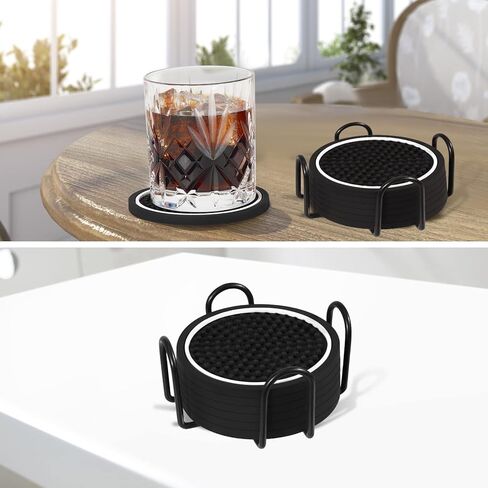 بارسيكس مجموعة قواعد اكواب المشروبات، 3.75 انش، قواعد اكواب سوداء غير قابلة للانزلاق من بلاستيك PVC مع حامل سلك معدني، تصميم متين وانيق للمطبخ والمنزل والبار وطاولة المطاعم (عبوة من 6 قطع) in Kuwait