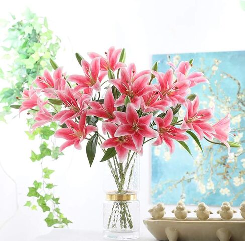 LNHOMY 6 Pack Artificial Lily Flowers Full Bloom Fake Latex Real Touch Artificial Flower Bouquets with 3 Heads Wedding Party Decor Home Décor (Blue) in Kuwait