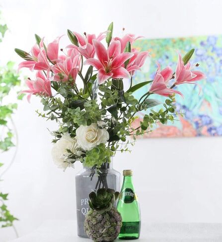 LNHOMY 6 Pack Artificial Lily Flowers Full Bloom Fake Latex Real Touch Artificial Flower Bouquets with 3 Heads Wedding Party Decor Home Décor (Blue) in Kuwait