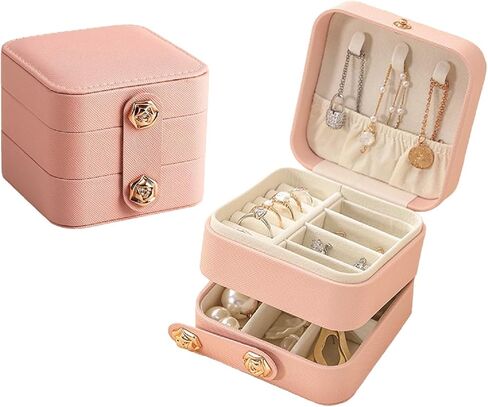 blwxcky Portable 2 Layers Small Travel Jewelry Case Organizer Box for Women Girls, Kids Mini Jewelry Travel Case Storage Gift Boxes for Earring, Ring, Necklace, Bracelets Pink in Saudi Arabia