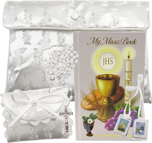 Light of Christ First Communion Satin Purse Set for Girls, Includes Mass Prayer Book, Rosary and Pouch, Scapular, and Lapel Pin, Gifts and Keepsakes for Young Women, Communicant Starter Pack, 6 Pieces in Saudi Arabia