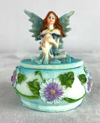 صندوق حلية على شكل جنية من Ain't It Nice مع ديكورات زهور، تمثال خيالي خيالي قابل للتجميع، أزرق، 2.5 (طول) 2.5 (عرض) 3 (ارتفاع) بوصة in Kuwait