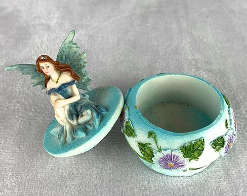 صندوق حلية على شكل جنية من Ain't It Nice مع ديكورات زهور، تمثال خيالي خيالي قابل للتجميع، أزرق، 2.5 (طول) 2.5 (عرض) 3 (ارتفاع) بوصة in Kuwait