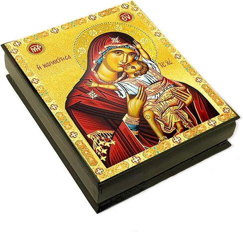 Needzo Sweet Kissing Greek Icon Box For Prayer Beads Rosary Jewelry Virgin Mary and Christ Wooden Keepsake Holder 5 Inch, Byzantine Icon in Kuwait