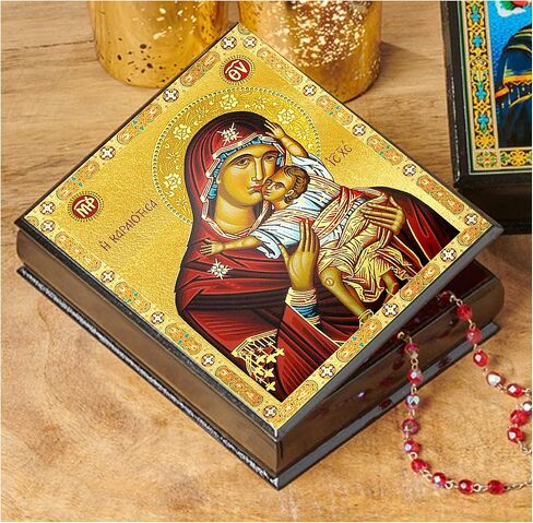 Needzo Sweet Kissing Greek Icon Box For Prayer Beads Rosary Jewelry Virgin Mary and Christ Wooden Keepsake Holder 5 Inch, Byzantine Icon in Kuwait