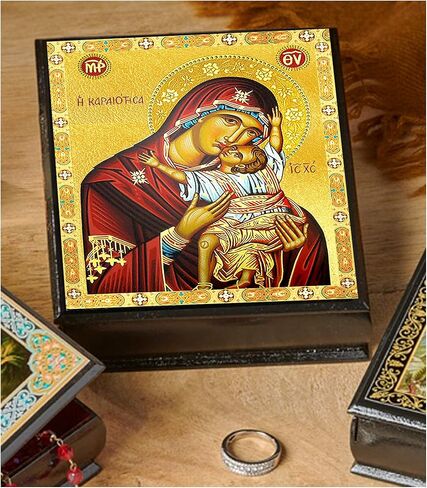 Needzo Sweet Kissing Greek Icon Box For Prayer Beads Rosary Jewelry Virgin Mary and Christ Wooden Keepsake Holder 5 Inch, Byzantine Icon in Kuwait