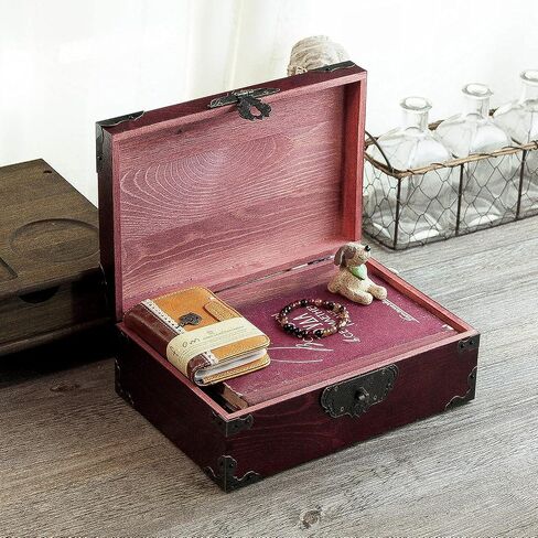 Large Vintage Wooden Storage Box with Hinged Lid Decorative Wood Jewelry Makeup Tea Stash Boxes Organize all Your Parts storage（Maroon-Stained）(Blank no picture) in Saudi Arabia
