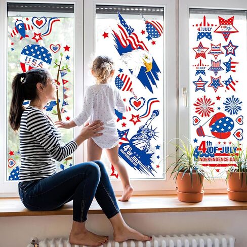 4th of July Window Clings Decorations，Independence Day Red, White and Blue Patriotic Stickers Memorial Day Decorations，Fourth of July School Home Office Party Supplies. in Kuwait