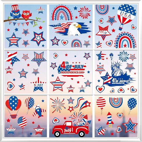 4th of July Window Clings Decorations，Independence Day Red, White and Blue Patriotic Stickers Memorial Day Decorations，Fourth of July School Home Office Party Supplies. in Kuwait