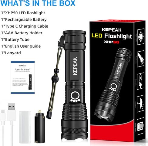 مصباح يدوي KEPEAK، قابل لإعادة الشحن بقوة 5000 لومن تكتيكي محمول باليد ومقاوم للماء وقابل للتكبير مع 5 أوضاع إضاءة للطوارئ والتخييم والمشي لمسافات طويلة in Kuwait