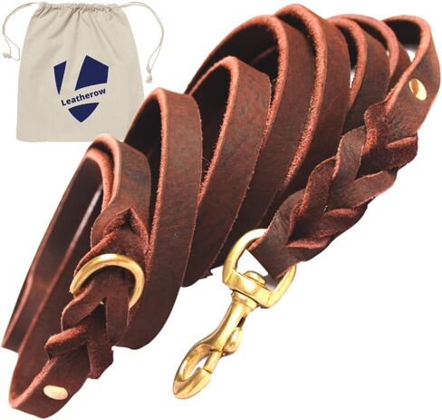 مقود جلدي للكلاب، مقود قوي ومضفر من الجلد الطبيعي لتدريب الكلاب، مقود جلدي ناعم ومريح للكلاب الكبيرة، والكلاب الصغيرة المتوسطة (بني، 4 أقدام) in Kuwait