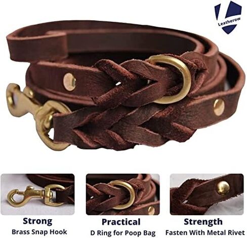 مقود جلدي للكلاب، مقود قوي ومضفر من الجلد الطبيعي لتدريب الكلاب، مقود جلدي ناعم ومريح للكلاب الكبيرة، والكلاب الصغيرة المتوسطة (بني، 4 أقدام) in Kuwait