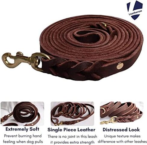 مقود جلدي للكلاب، مقود قوي ومضفر من الجلد الطبيعي لتدريب الكلاب، مقود جلدي ناعم ومريح للكلاب الكبيرة، والكلاب الصغيرة المتوسطة (بني، 4 أقدام) in Kuwait
