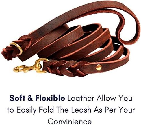 مقود جلدي للكلاب، مقود قوي ومضفر من الجلد الطبيعي لتدريب الكلاب، مقود جلدي ناعم ومريح للكلاب الكبيرة، والكلاب الصغيرة المتوسطة (بني، 4 أقدام) in Kuwait
