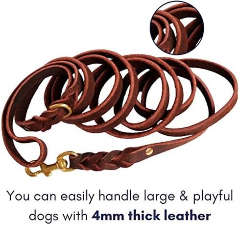 مقود جلدي للكلاب، مقود قوي ومضفر من الجلد الطبيعي لتدريب الكلاب، مقود جلدي ناعم ومريح للكلاب الكبيرة، والكلاب الصغيرة المتوسطة (بني، 4 أقدام) in Kuwait