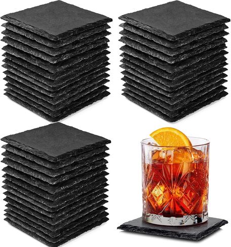 Aukful 40 PCS Slate Coasters Bulk 4 Inch Square Black Slate Stone Coaster Handmade Drink Bar Slate Coasters Anti-Scratch Bottom,Suitable for Office Coffee Table Kitchen Home Engrave Decoration in Kuwait