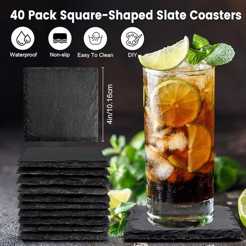 Aukful 40 PCS Slate Coasters Bulk 4 Inch Square Black Slate Stone Coaster Handmade Drink Bar Slate Coasters Anti-Scratch Bottom,Suitable for Office Coffee Table Kitchen Home Engrave Decoration in Kuwait