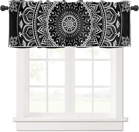 Boho Mandala Valance Curtain for Kitchen Windows,Black White Flower Rod Pocket Valances,Short Curtains Classic Hippie Privacy Panel,Bohemian Window Treatment for Bathroom Kitchen Bedroom 54x18in in Kuwait