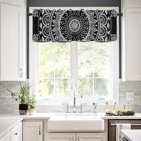 Boho Mandala Valance Curtain for Kitchen Windows,Black White Flower Rod Pocket Valances,Short Curtains Classic Hippie Privacy Panel,Bohemian Window Treatment for Bathroom Kitchen Bedroom 54x18in in Kuwait