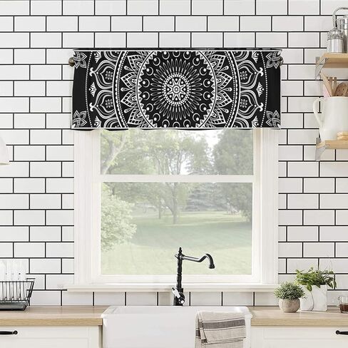 Boho Mandala Valance Curtain for Kitchen Windows,Black White Flower Rod Pocket Valances,Short Curtains Classic Hippie Privacy Panel,Bohemian Window Treatment for Bathroom Kitchen Bedroom 54x18in in Kuwait