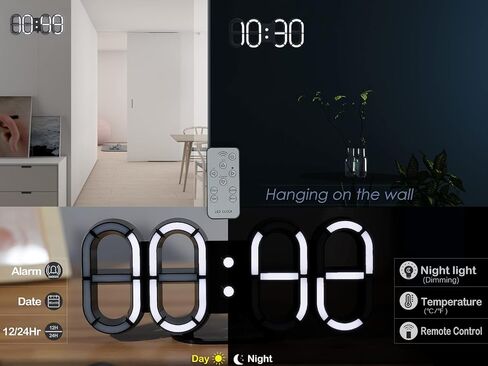 KOSUMOSU 3D Digital LED Clock Digital Wall Clock for Living Room Decor 9.7" Black Clock Numbers,Remote Control 12/24H Temperature Desktop Clocks for Home in Kuwait