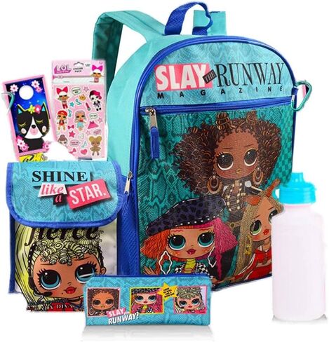 شنطة ظهر من لول مع شنطة غداء - 7 قطع شنطة ظهر لول للبنات 6-12، شنطة غداء، زجاجة مياه، مقلمة قلادة، شماعة باب، لوازم مدرسية من لول، شنطة ظهر للبنات، شنطة ظهر للبنات من لول in Kuwait