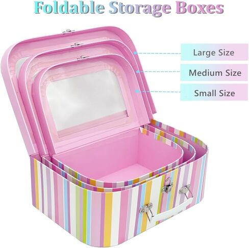 مجموعة حقائب أميدو من الورق المقوى مكونة من 3 صناديق تخزين مزخرفة، وصناديق هدايا متداخلة بأغطية شفافة، وحقائب صغيرة، وصناديق لطيفة متوافقة مع ألعاب دمى باربي ديكور السنة الجديدة (قوس قزح) in Kuwait