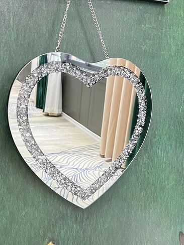 مرآة فضية على شكل قلب ماسي مع سلسلة فضية من الستانلس ستيل لتزيين الحائط، مرآة زجاجية ماسية 12 × 12 انش in Kuwait