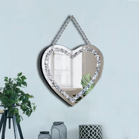 مرآة فضية على شكل قلب ماسي مع سلسلة فضية من الستانلس ستيل لتزيين الحائط، مرآة زجاجية ماسية 12 × 12 انش in Kuwait