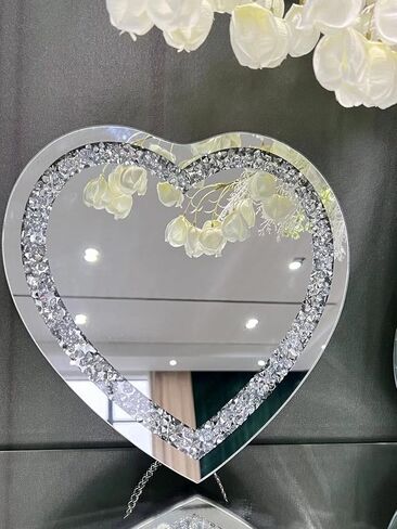 مرآة فضية على شكل قلب ماسي مع سلسلة فضية من الستانلس ستيل لتزيين الحائط، مرآة زجاجية ماسية 12 × 12 انش in Kuwait