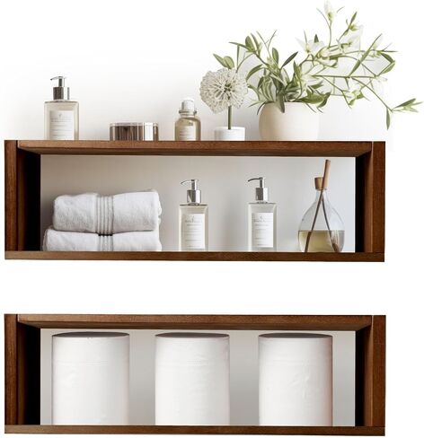 Hoolerry 2 Pcs Wood Rustic Floating Shelves Floating Rectangle Shelves Farmhouse Shelves for Room Wall Mounted Bathroom Wall Shelves Kitchen Spice Rack Toilet Paper Holder for Room, Walnut Color in Saudi Arabia
