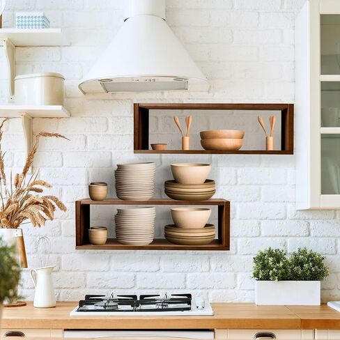 Hoolerry 2 Pcs Wood Rustic Floating Shelves Floating Rectangle Shelves Farmhouse Shelves for Room Wall Mounted Bathroom Wall Shelves Kitchen Spice Rack Toilet Paper Holder for Room, Walnut Color in Saudi Arabia