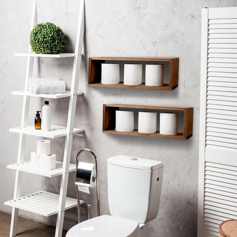 Hoolerry 2 Pcs Wood Rustic Floating Shelves Floating Rectangle Shelves Farmhouse Shelves for Room Wall Mounted Bathroom Wall Shelves Kitchen Spice Rack Toilet Paper Holder for Room, Walnut Color in Saudi Arabia