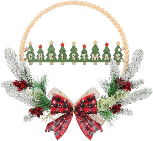 CHDITB 17 بوصة اصطناعية عيد الميلاد الخشب حبة إكليل، خشبية شجرة عيد الميلاد علامة الباب مع الأحمر منقوشة القوس التوت الصنوبر الإبر ورقة هولي، ريفي إكليل عيد الميلاد للباب الأمامي نافذة الشرفة حفلة الشتاء in Kuwait