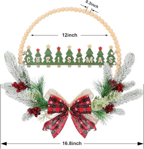 CHDITB 17 بوصة اصطناعية عيد الميلاد الخشب حبة إكليل، خشبية شجرة عيد الميلاد علامة الباب مع الأحمر منقوشة القوس التوت الصنوبر الإبر ورقة هولي، ريفي إكليل عيد الميلاد للباب الأمامي نافذة الشرفة حفلة الشتاء in Kuwait