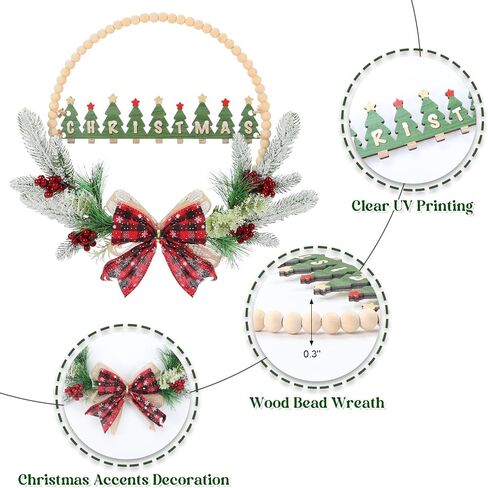 CHDITB 17 بوصة اصطناعية عيد الميلاد الخشب حبة إكليل، خشبية شجرة عيد الميلاد علامة الباب مع الأحمر منقوشة القوس التوت الصنوبر الإبر ورقة هولي، ريفي إكليل عيد الميلاد للباب الأمامي نافذة الشرفة حفلة الشتاء in Kuwait