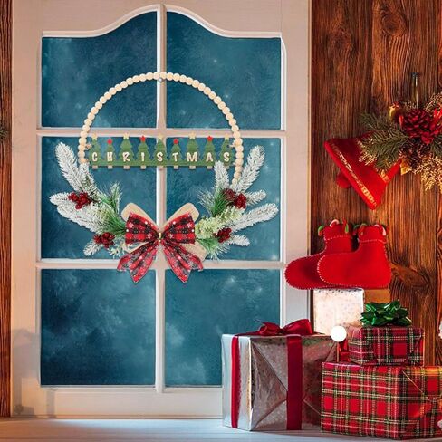 CHDITB 17 بوصة اصطناعية عيد الميلاد الخشب حبة إكليل، خشبية شجرة عيد الميلاد علامة الباب مع الأحمر منقوشة القوس التوت الصنوبر الإبر ورقة هولي، ريفي إكليل عيد الميلاد للباب الأمامي نافذة الشرفة حفلة الشتاء in Kuwait