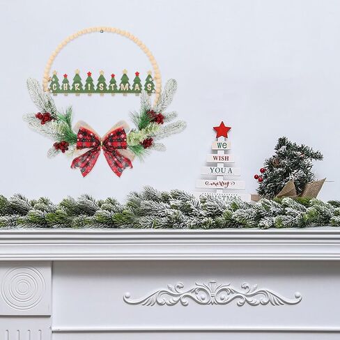 CHDITB 17 بوصة اصطناعية عيد الميلاد الخشب حبة إكليل، خشبية شجرة عيد الميلاد علامة الباب مع الأحمر منقوشة القوس التوت الصنوبر الإبر ورقة هولي، ريفي إكليل عيد الميلاد للباب الأمامي نافذة الشرفة حفلة الشتاء in Kuwait