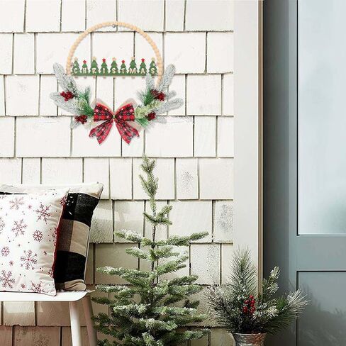 CHDITB 17 بوصة اصطناعية عيد الميلاد الخشب حبة إكليل، خشبية شجرة عيد الميلاد علامة الباب مع الأحمر منقوشة القوس التوت الصنوبر الإبر ورقة هولي، ريفي إكليل عيد الميلاد للباب الأمامي نافذة الشرفة حفلة الشتاء in Kuwait
