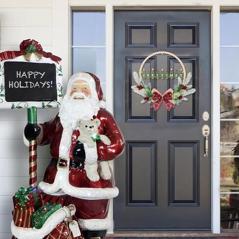 CHDITB 17 بوصة اصطناعية عيد الميلاد الخشب حبة إكليل، خشبية شجرة عيد الميلاد علامة الباب مع الأحمر منقوشة القوس التوت الصنوبر الإبر ورقة هولي، ريفي إكليل عيد الميلاد للباب الأمامي نافذة الشرفة حفلة الشتاء in Kuwait