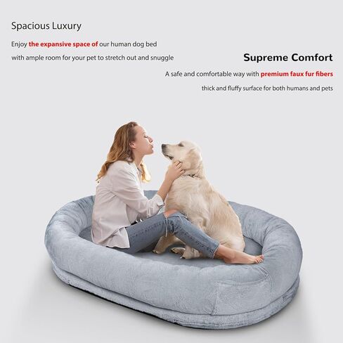 Large Human Dog Bed 71"x 45" x 11.8" Dog Bed Giant Bean Bag for Humans, Faux Fur Human Dog Bed Orthopedic Dog Bed with Blanket Washable Fur Cover(Large, Grey) in Kuwait