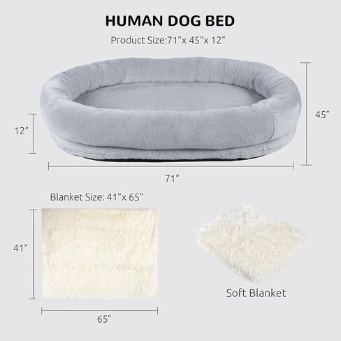Large Human Dog Bed 71"x 45" x 11.8" Dog Bed Giant Bean Bag for Humans, Faux Fur Human Dog Bed Orthopedic Dog Bed with Blanket Washable Fur Cover(Large, Grey) in Kuwait