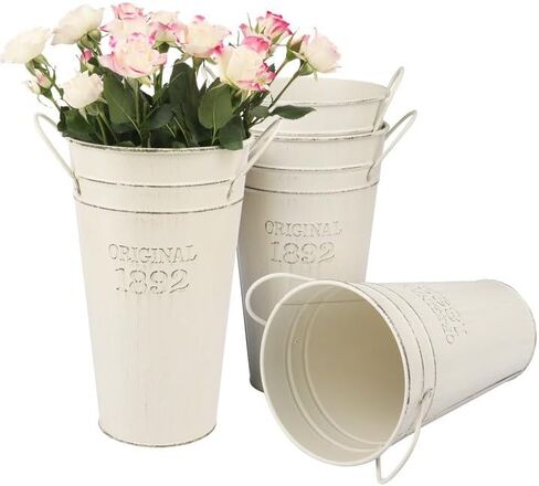 4 PCS 10 Inch Rustic Galvanized Flower Vases, Farmhouse French Buckets for Beautiful Floral Arrangements, Home Decor or Weddings and Events by GENHAKON in Saudi Arabia