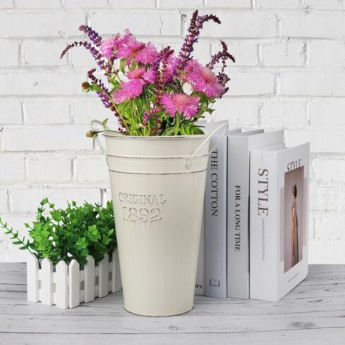 4 PCS 10 Inch Rustic Galvanized Flower Vases, Farmhouse French Buckets for Beautiful Floral Arrangements, Home Decor or Weddings and Events by GENHAKON in Saudi Arabia