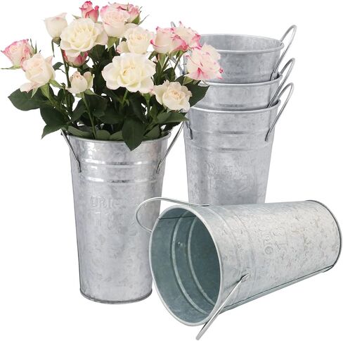 4 PCS 10 Inch Rustic Galvanized Flower Vases, Farmhouse French Buckets for Beautiful Floral Arrangements, Home Decor or Weddings and Events by GENHAKON in Saudi Arabia