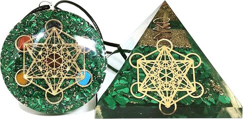 Sawcart Metatron شبكة خضراء الملكيت أورغو هرم ومكعب Metatron's Cube Merkaba مع 7 شاكرا كريستال أورغو قلادة الطاقة الإيجابية مولد طاقة تنظيف اورا ريكي شاكرا شفاء اليوغا التأمل in Kuwait