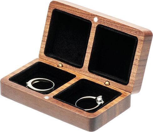 COSISO Walnut Wood Rectangle Vintage Double Wooden Ring Box for wedding ceremony 2 rings,Small Rustic Keepsake Wedding Ring Holder Decorative Gift Box (Black Inner) in Saudi Arabia